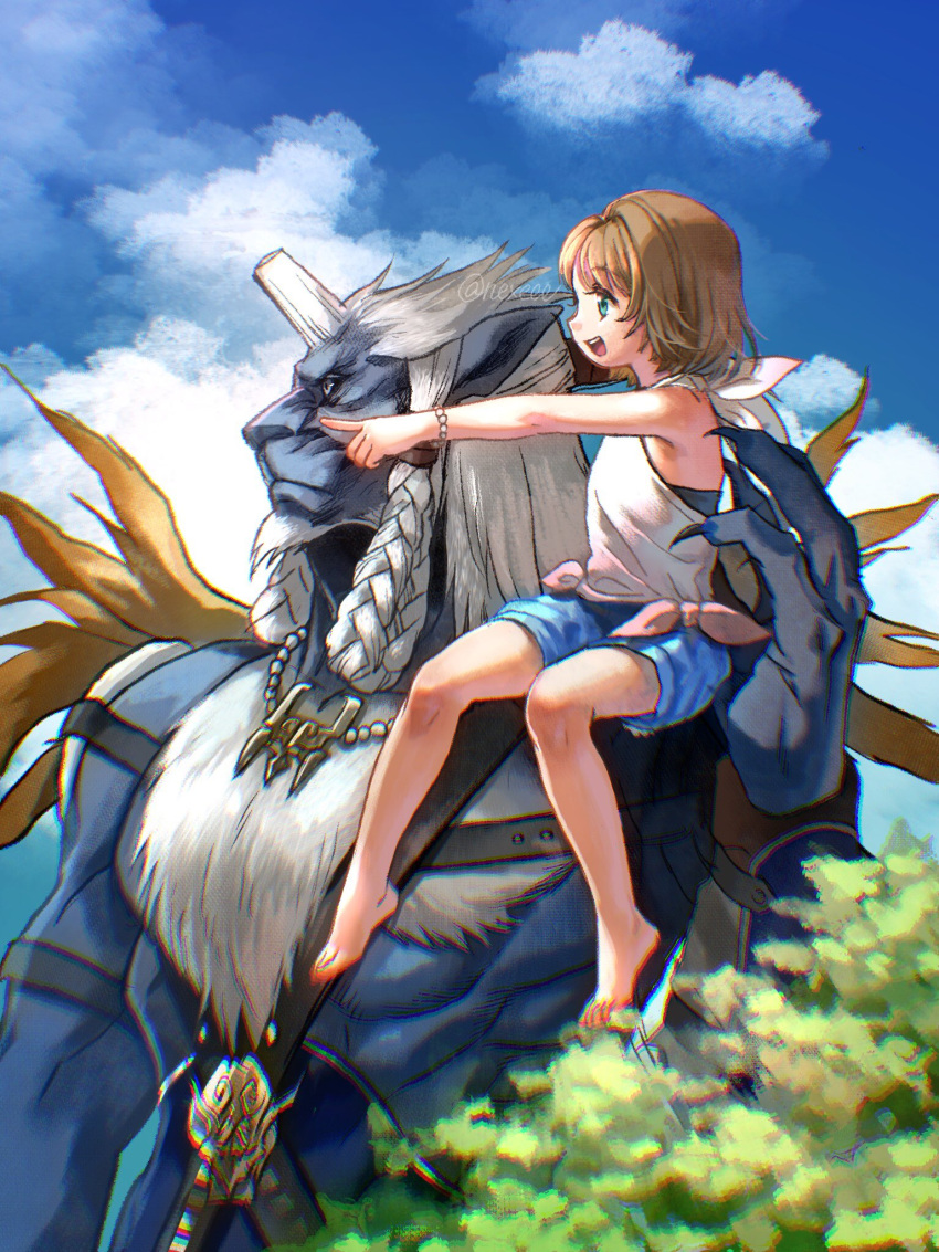1boy, 1girl, arm_guards, armor, bangs, bare_shoulders, barefoot, bead_bracelet