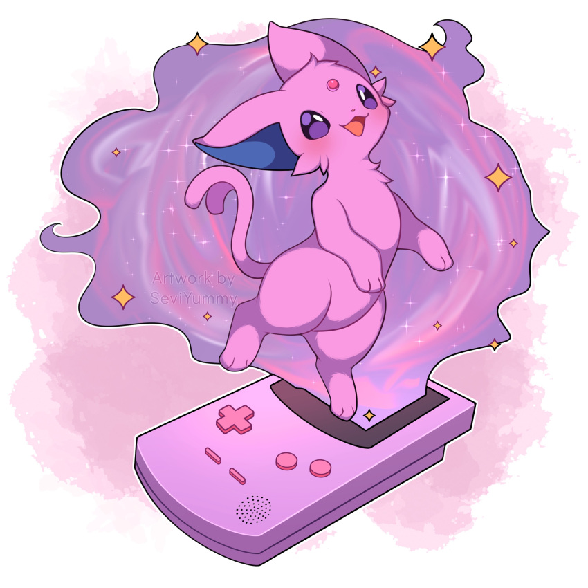 absurdres, artist_name, blush, espeon, floating, forked_tail, game_boy, game_boy_color