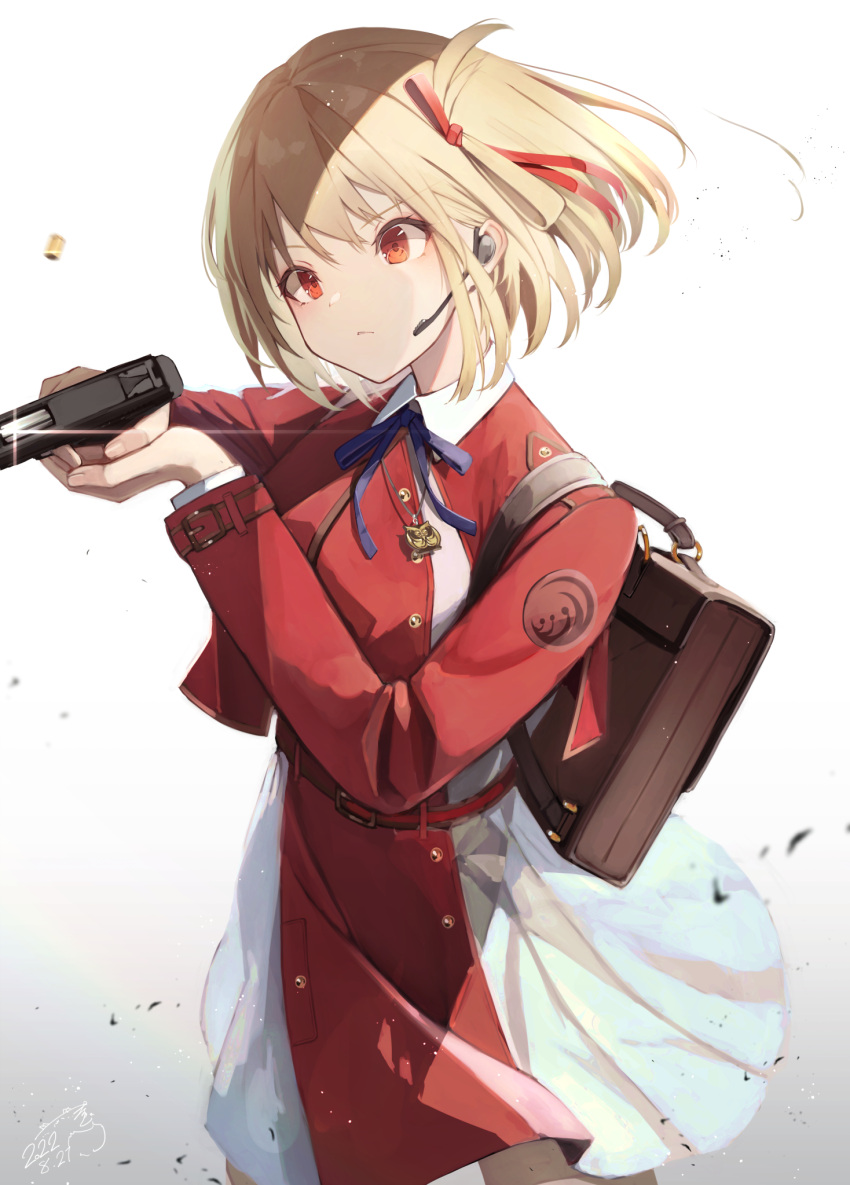 1girl, backpack, bag, blonde_hair, blue_bow, bow, center_axis_relock_stance, closed_mouth