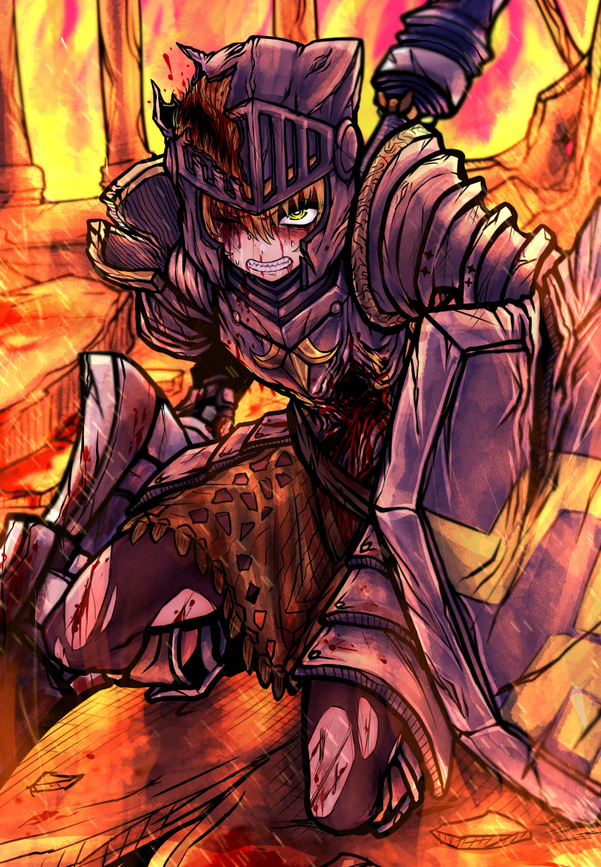 1girl, absurdres, armor, armored_dress, blonde_hair, blood, blood_from_mouth, blood_on_face