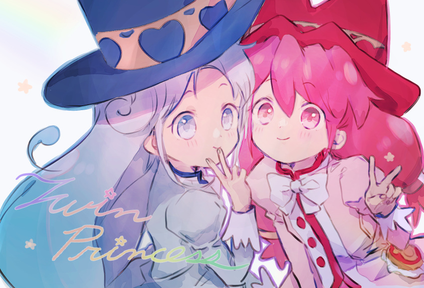 2girls, bangs, blue_eyes, blue_hair, bow, copyright_name, curly_hair, dress