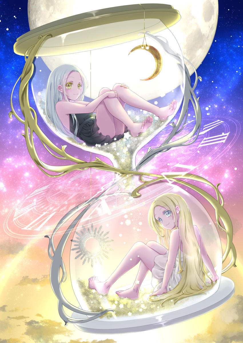 2girls, analog_clock, bangs, barefoot, blonde_hair, clock, colored_eyelashes, crescent, dress, gold, grey_eyes, highres, hourglass, hugging_own_legs, in_container, knees_up, long_hair, looking_at_viewer, looking_back, multiple_girls, original, parted_bangs, sand, silver_(metal), sitting, sky, sleeveless, sleeveless_dress, smile, space, star_(sky), star_(symbol), starry_sky, sunset, suzune_(p5lel), very_long_hair, white_hair, yellow_eyes