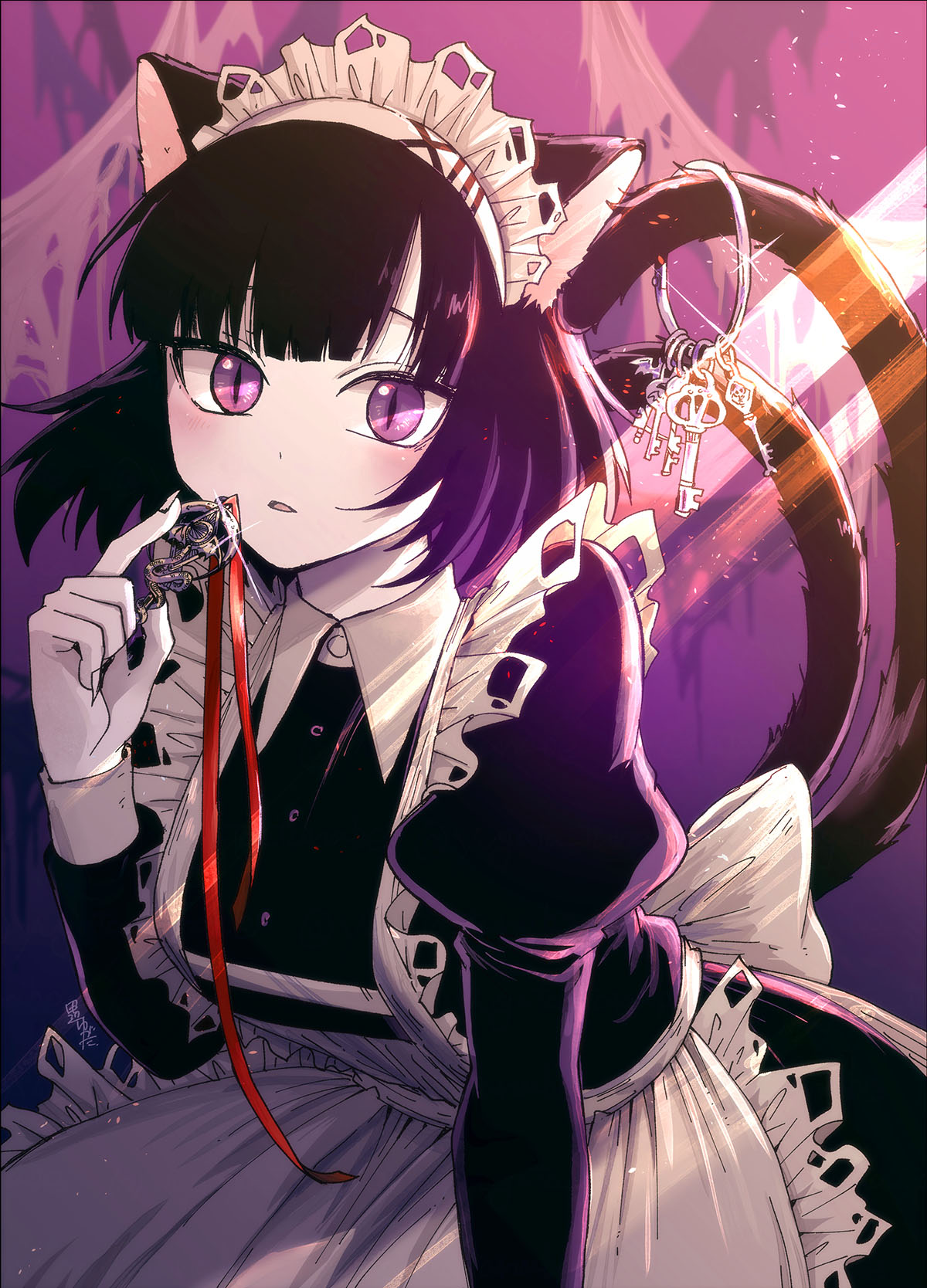 1girl, animal_ears, apron, back_bow, bangs, black_hair, bow, cat_ears