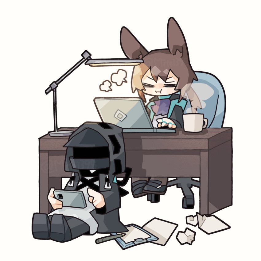 1girl, 1other, :i, =_=, ambiguous_gender, amiya_(arknights), animal_ears, arknights, ascot, black_jacket, black_pants, black_pantyhose, blue_ascot, brown_hair, cellphone, chair, clipboard, computer, crumpled_paper, cup, desk, desk_lamp, doctor_(arknights), highres, holding, holding_phone, hood, hood_up, hooded_jacket, index_finger_raised, jacket, jewelry, kdmr0402, lamp, laptop, long_hair, mask, mug, multiple_rings, office_chair, open_clothes, open_jacket, pants, pantyhose, pen, phone, ponytail, rabbit_ears, rabbit_girl, ring, shirt, simple_background, sitting, smartphone, steam, white_background, white_shirt