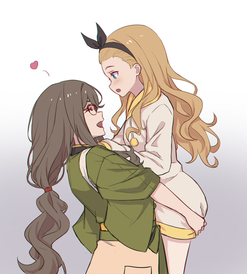 2girls, :o, ^_^, black_hairband, blonde_hair, blue_eyes, blush, brown_hair