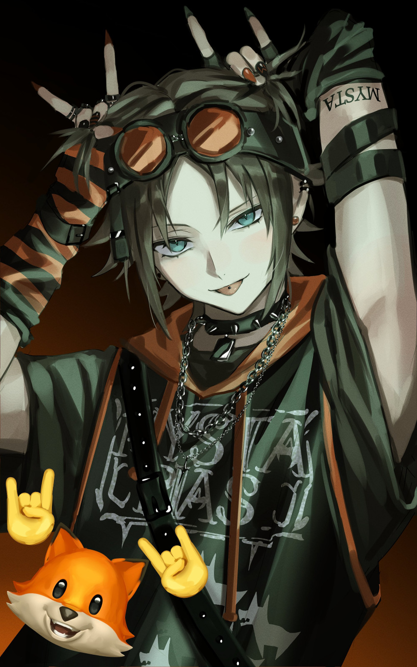 1boy, absurdres, akira_(nupekwa), animal_ear_headwear, arm_tattoo, belt_collar, bishounen, black_shirt