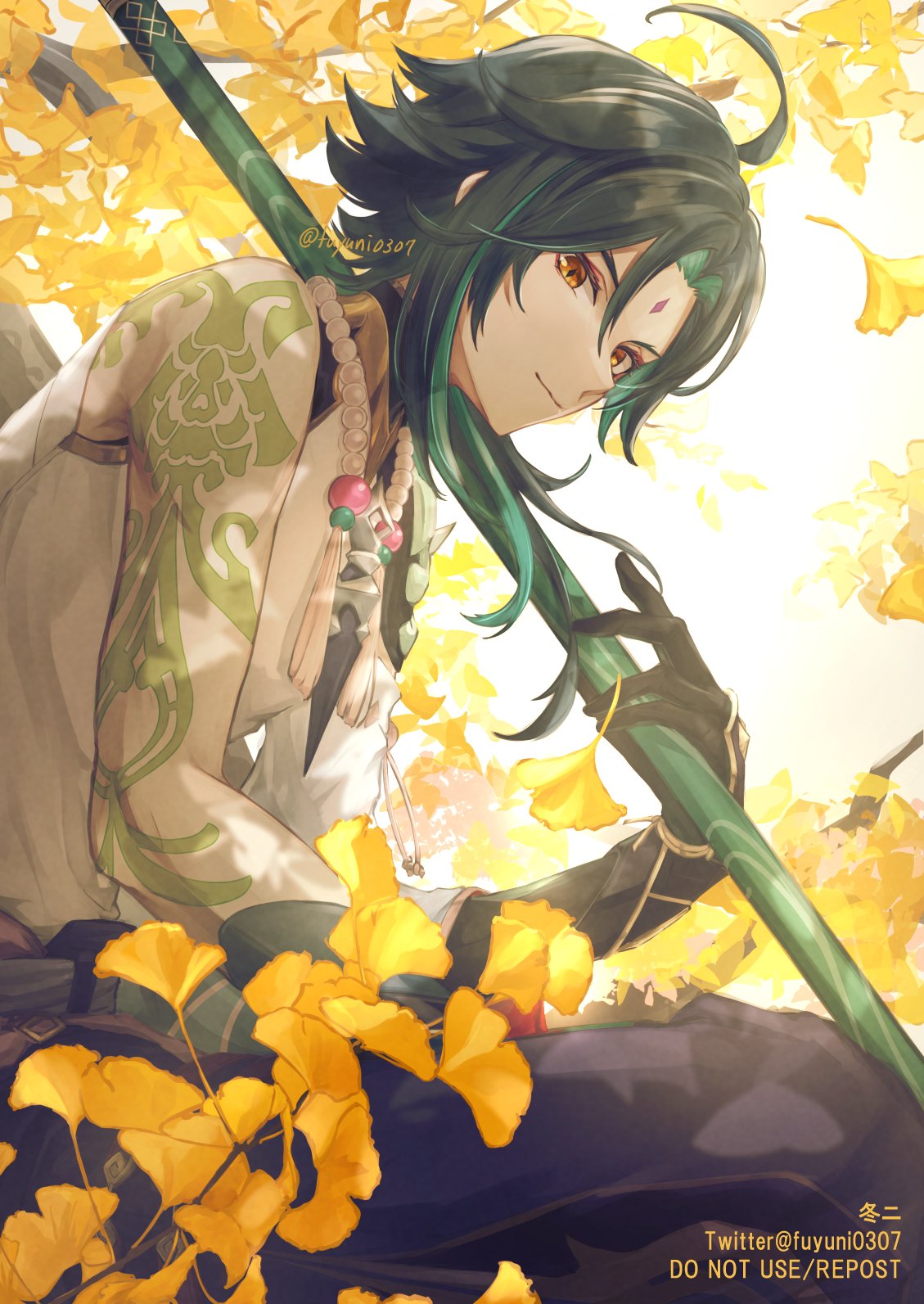 1boy, ahoge, arm_tattoo, bangs, bare_shoulders, bead_necklace, beads, black_gloves