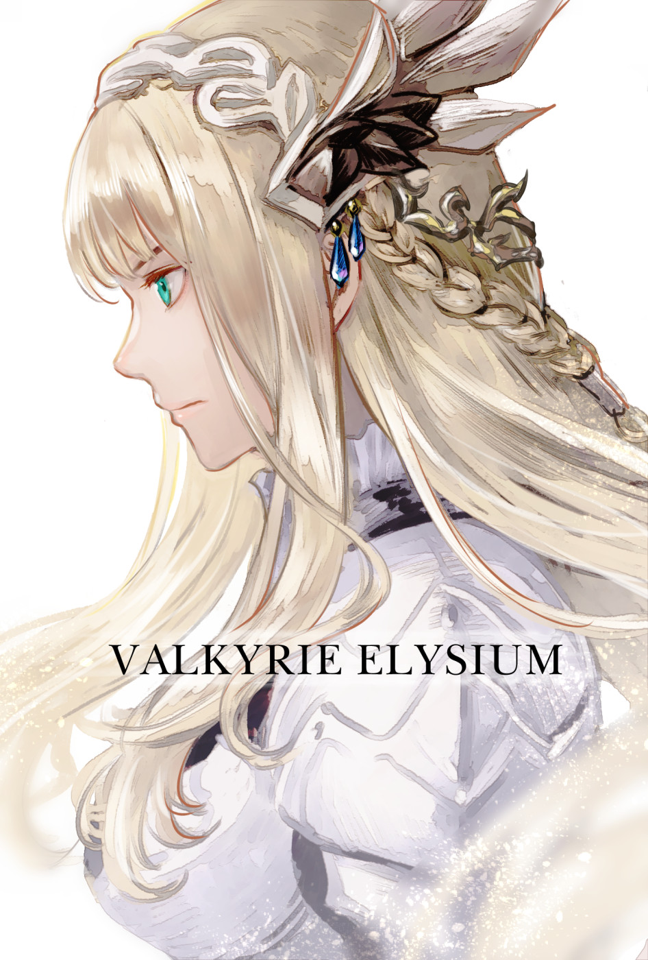 1girl, armor, armored_dress, bangs, blonde_hair, feather_hair_ornament, feathers, green_eyes