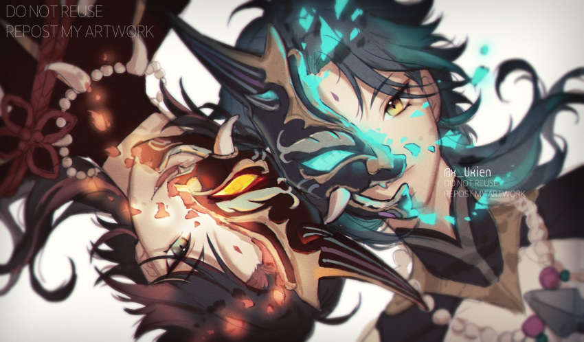 2boys, aqua_hair, arm_tattoo, bangs, bead_necklace, beads, black_hair, closed_mouth