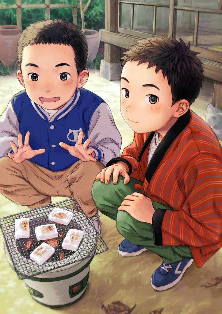 2boys, architecture, b_gent, child, closed_mouth, commentary_request, dotera_(clothes), east_asian_architecture