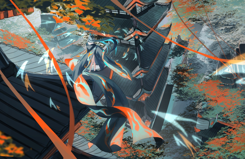 1girl, absurdres, architecture, arknights, autumn_leaves, bare_legs, barefoot, blue_cloak