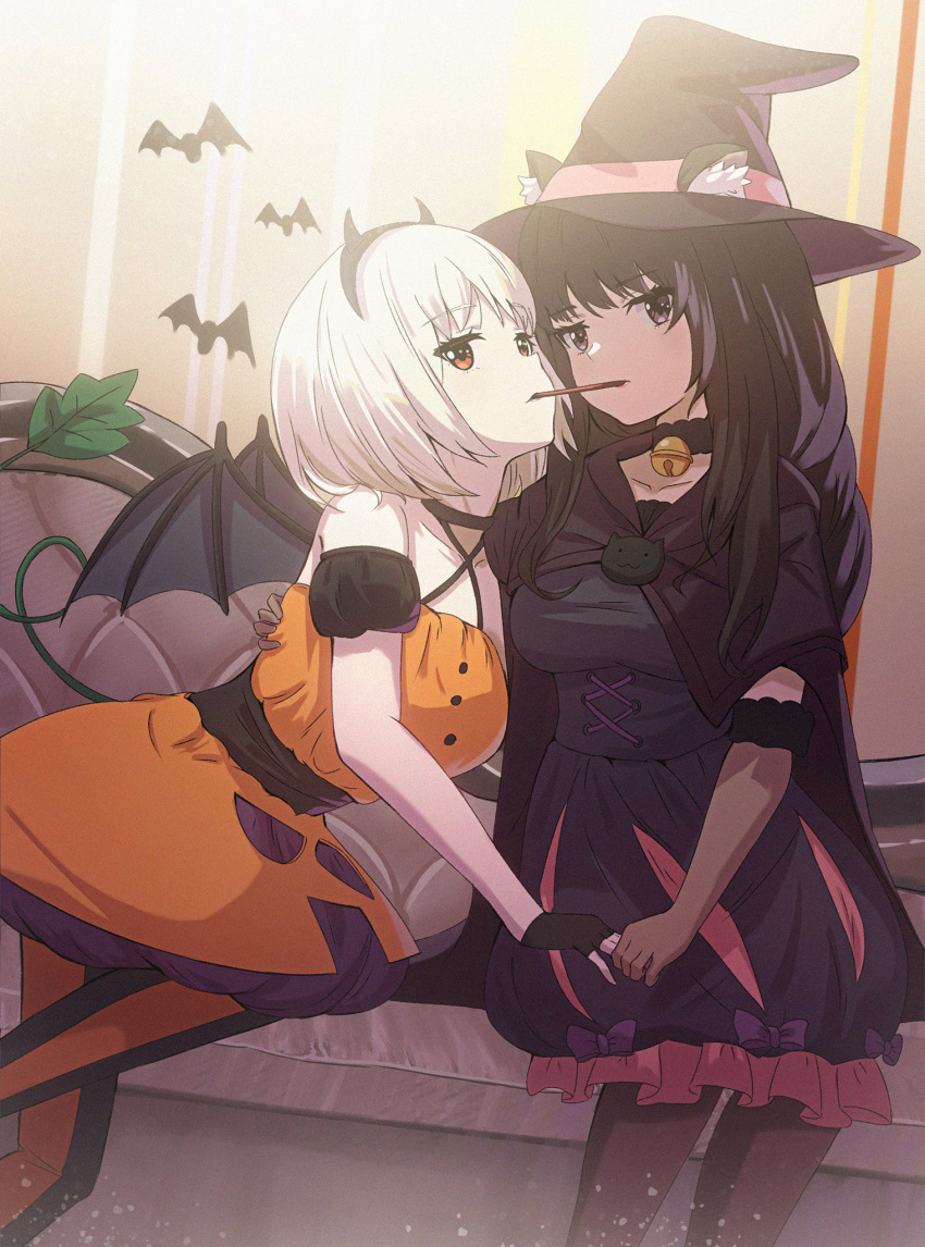 2girls, animal_ears, bat_(animal), black_hair, blonde_hair, cat_ears, collarbone, couch