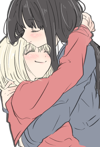 2girls, black_hair, blonde_hair, blush, closed_eyes, happy, hug, inoue_takina, long_hair, lycoris_recoil, lycoris_uniform, medium_hair, multiple_girls, nishikigi_chisato, potto_yu, pottode, smile, yuri