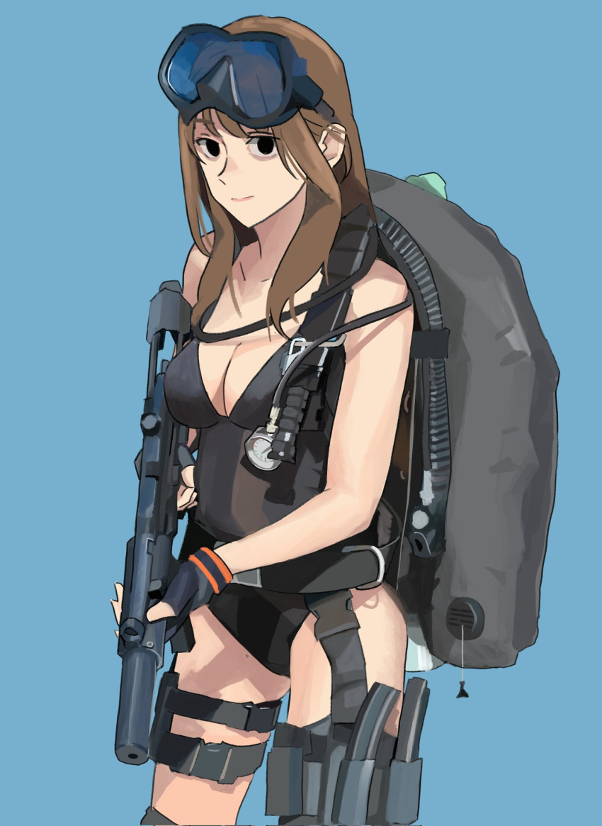 1girl, assault_rifle, black_eyes, black_gloves, black_swimsuit, bodysuit, brown_hair, diving_regulator