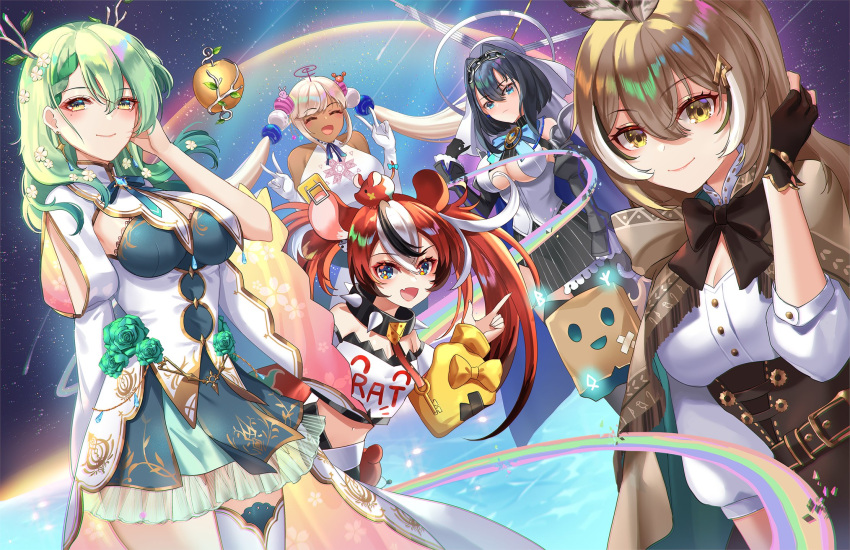 5girls, ahoge, animal_ears, antlers, apple, bangs, bare_shoulders, belt, black_collar, black_gloves, black_hair, blonde_hair, blue_cape, blue_hair, blue_leotard, blue_ribbon, branch, breasts, brown_capelet, brown_cloak, brown_corset, brown_eyes, brown_hair, cape, capelet, ceres_fauna, cleavage_cutout, cloak, clothing_cutout, collar, corset, crop_top, dark-skinned_female, dark_skin, detached_sleeves, dress, elbow_gloves, feather_hair_ornament, feathers, flower, food, fruit, gloves, golden_apple, green_hair, hair_flower, hair_intakes, hair_ornament, hair_over_one_eye, hairclip, hakos_baelz, halter_top, halterneck, hanh_chu_(r_a), head_chain, heart-shaped_gem, highres, holocouncil, hololive, hololive_english, leotard, light_brown_hair, long_hair, long_sleeves, looking_at_viewer, mechanical_halo, midriff, mole, mole_under_eye, mouse_ears, mouse_girl, mouse_tail, mr._squeaks_(hakos_baelz), multicolored_hair, multiple_girls, nanashi_mumei, off-shoulder_shirt, off_shoulder, ouro_kronii, partially_fingerless_gloves, pinstripe_pattern, planet_hair_ornament, ponytail, rainbow, redhead, ribbon, sailor_collar, shirt, short_hair, skin_tight, sleeveless, sleeveless_shirt, smile, space, spiked_collar, spikes, strapless, strapless_shirt, streaked_hair, striped, tail, tank_top, tsukumo_sana, turtleneck, twintails, under_boob, very_long_hair, virtual_youtuber, white_gloves, white_hair, white_shirt, yellow_eyes, zipper