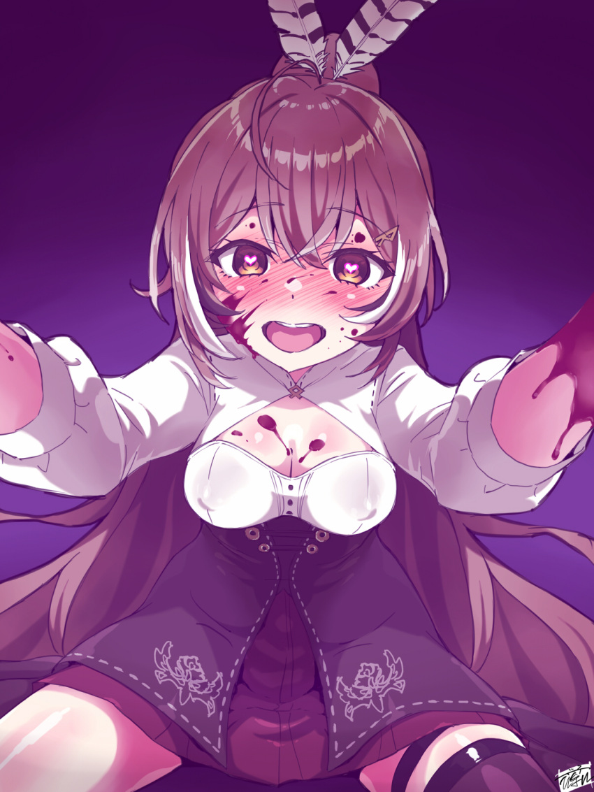 ahoge, asymmetrical_legwear, bangs, blood, blood_on_arm, blood_on_clothes, blood_on_face, blood_splatter