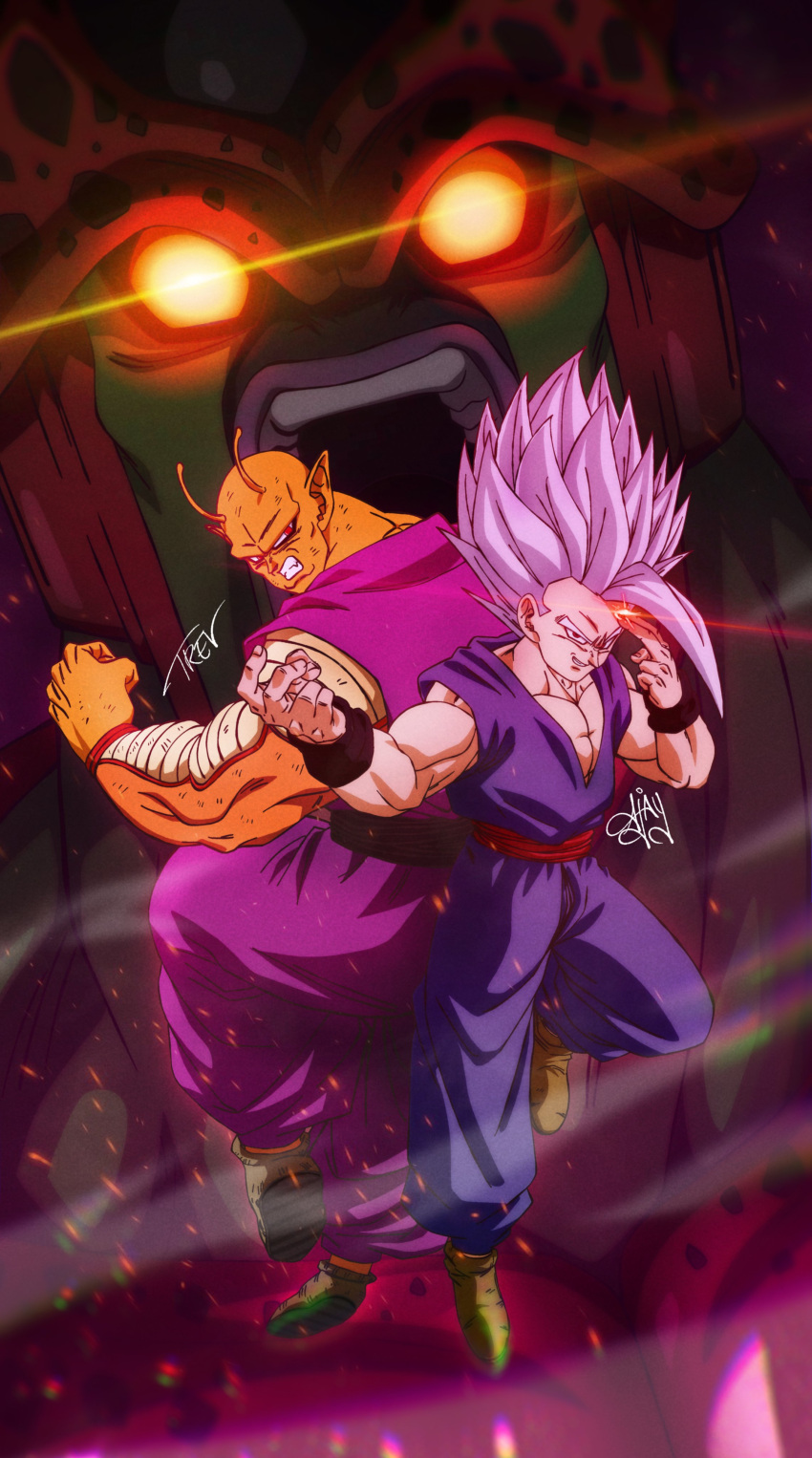 2boys, absurdres, animeajay, cell_(dragon_ball), colored_skin, commentary, dougi, dragon_ball