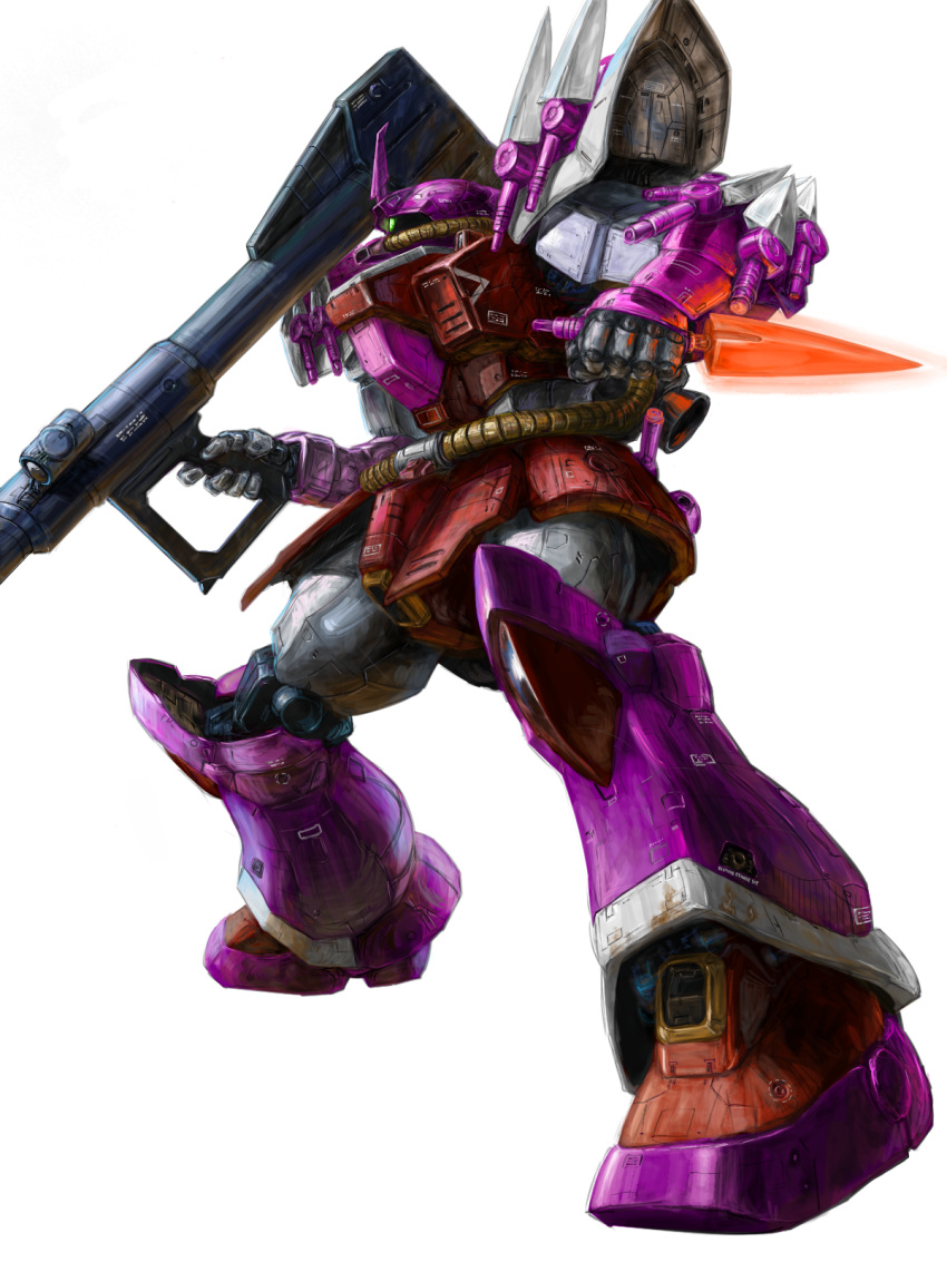 bazooka_(gundam), blade, dagger, damaged, dirty, efreet_schneid, glowing, gundam, highres, hybrid, knife, machinery, mecha, military, mobile_suit, no_humans, one-eyed, original, prototype, redesign, robot, science_fiction, solo, thrusters, weapon, white_background, zandan_zero_to_na!?