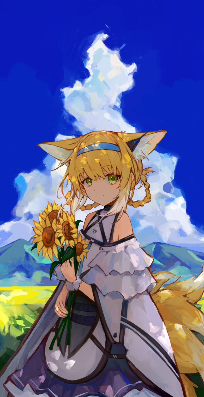 1girl, absurdres, animal_ears, arknights, blonde_hair, blue_hairband, blue_sky, bouquet, braid, clothing_cutout, clouds, cloudy_sky, cowboy_shot, day, dress, earpiece, extra_ears, flower, fox_ears, fox_girl, fox_tail, green_eyes, hairband, highres, holding, holding_bouquet, kitsune, lch, long_hair, looking_at_viewer, mountainous_horizon, multiple_tails, outdoors, purple_dress, revision, shoulder_cutout, single_wrist_cuff, sky, smile, solo, sunflower, suzuran_(arknights), tail, two-tone_dress, white_dress, white_wrist_cuffs, wrist_cuffs, yellow_flower