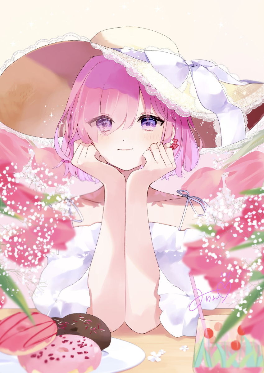1girl, absurdres, alternate_costume, blush, closed_mouth, collarbone, commentary_request, doughnut