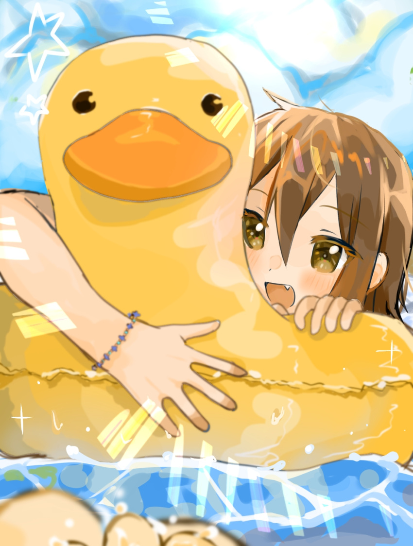 1girl, blush, bracelet, brown_eyes, brown_hair, duck_innertube, fang, hair_between_eyes