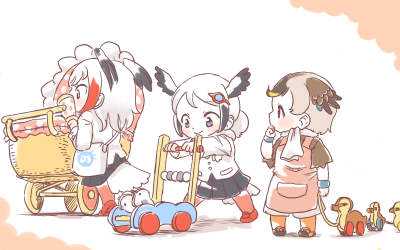 3girls, alternate_hairstyle, apron, bag, bird_girl, bird_tail, bird_wings, black_hair