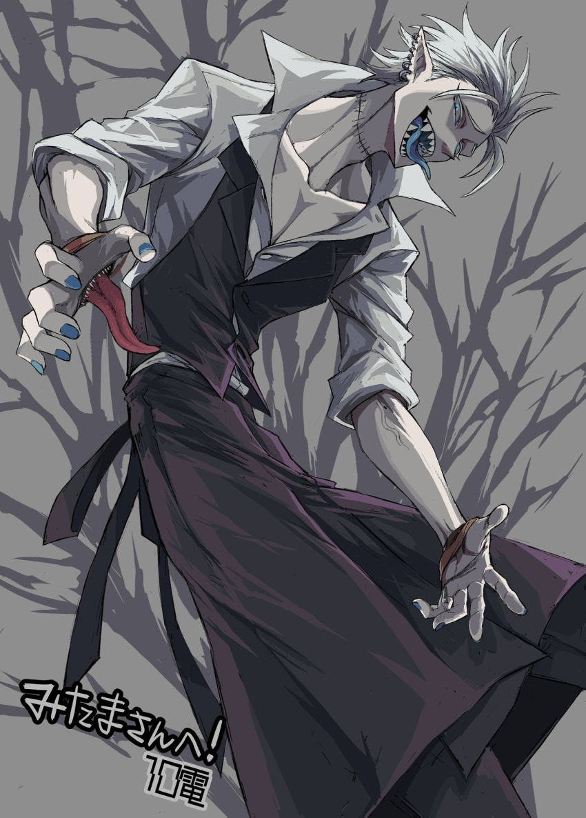 10den, 1boy, black_vest, blue_eyes, blue_nails, blue_tongue, colored_sclera, colored_skin