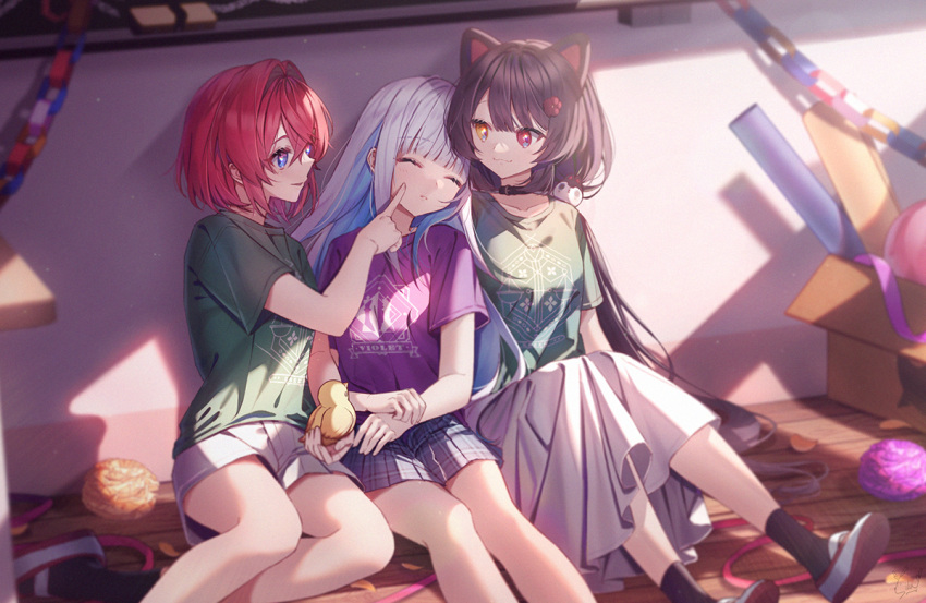 3girls, ange_katrina, animal, animal_ears, bangs, bird, black_collar, black_socks