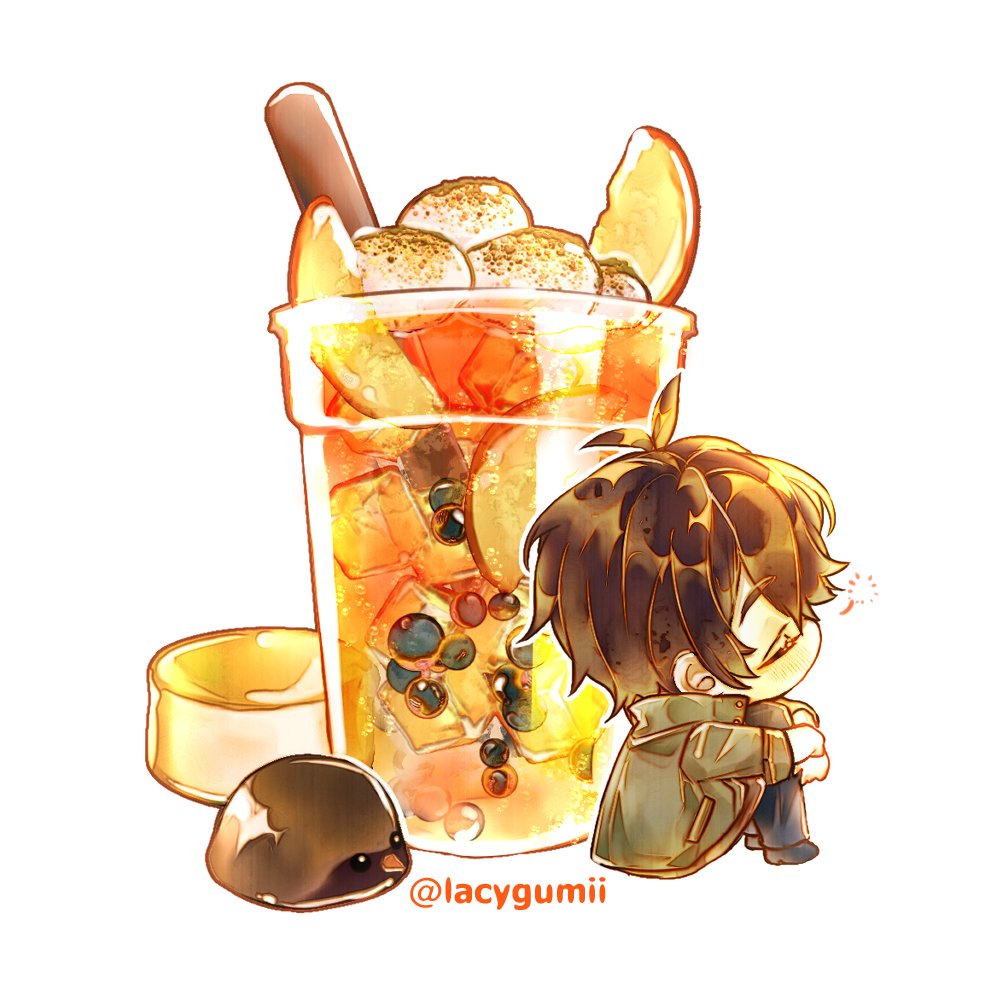 1boy, black_footwear, black_hair, black_pants, blush, brown_jacket, closed_eyes, commentary