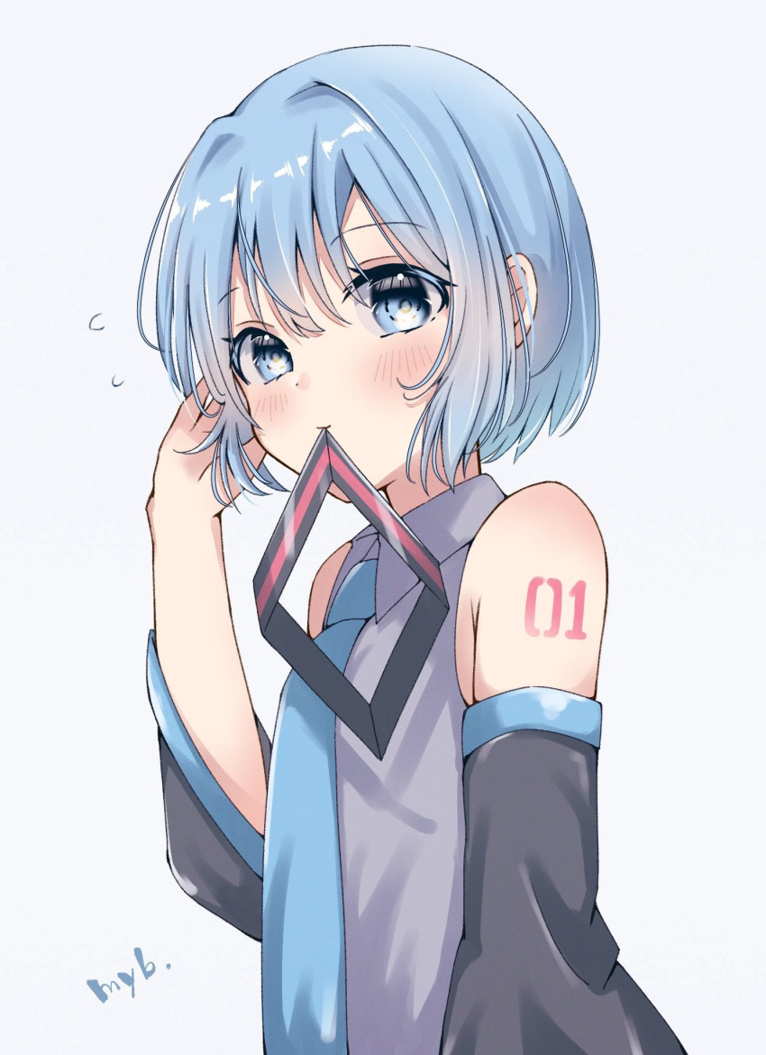 1girl, alternate_hair_length, alternate_hairstyle, aqua_eyes, aqua_hair, aqua_necktie, bob_cut, detached_sleeves, hatsune_miku, highres, myb_e2, necktie, short_hair, simple_background, sleeveless, solo, vocaloid, white_background