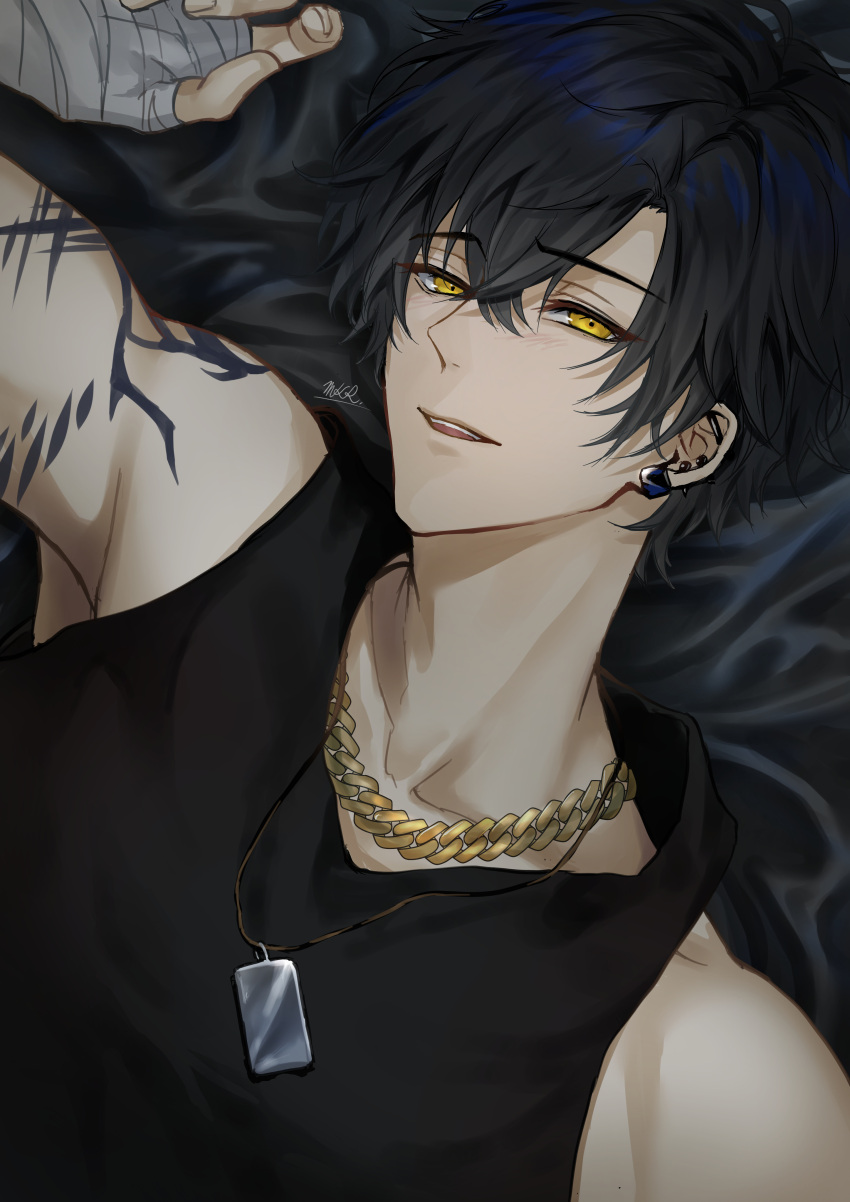 1boy, absurdres, arm_tattoo, arm_up, artist_name, bandaged_hand, bandages, bangs
