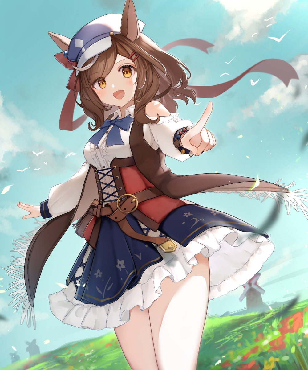 animal_ears, belt, bird, blush, breasts, clouds, commentary_request, field
