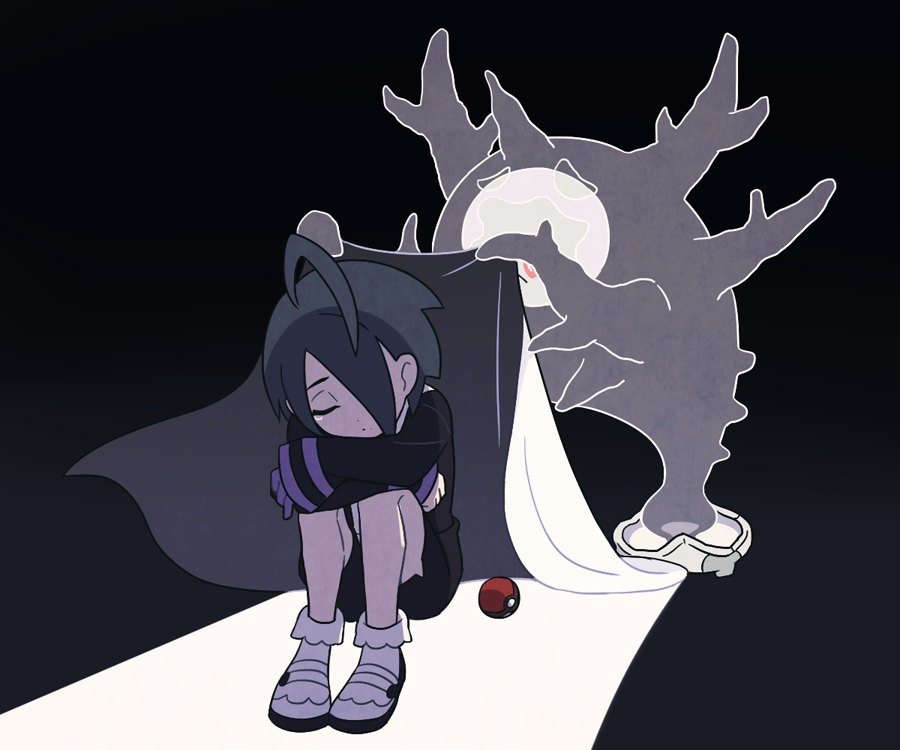 1boy, ahoge, allister_(pokemon), bangs, black_hair, black_shirt, black_shorts, blanket