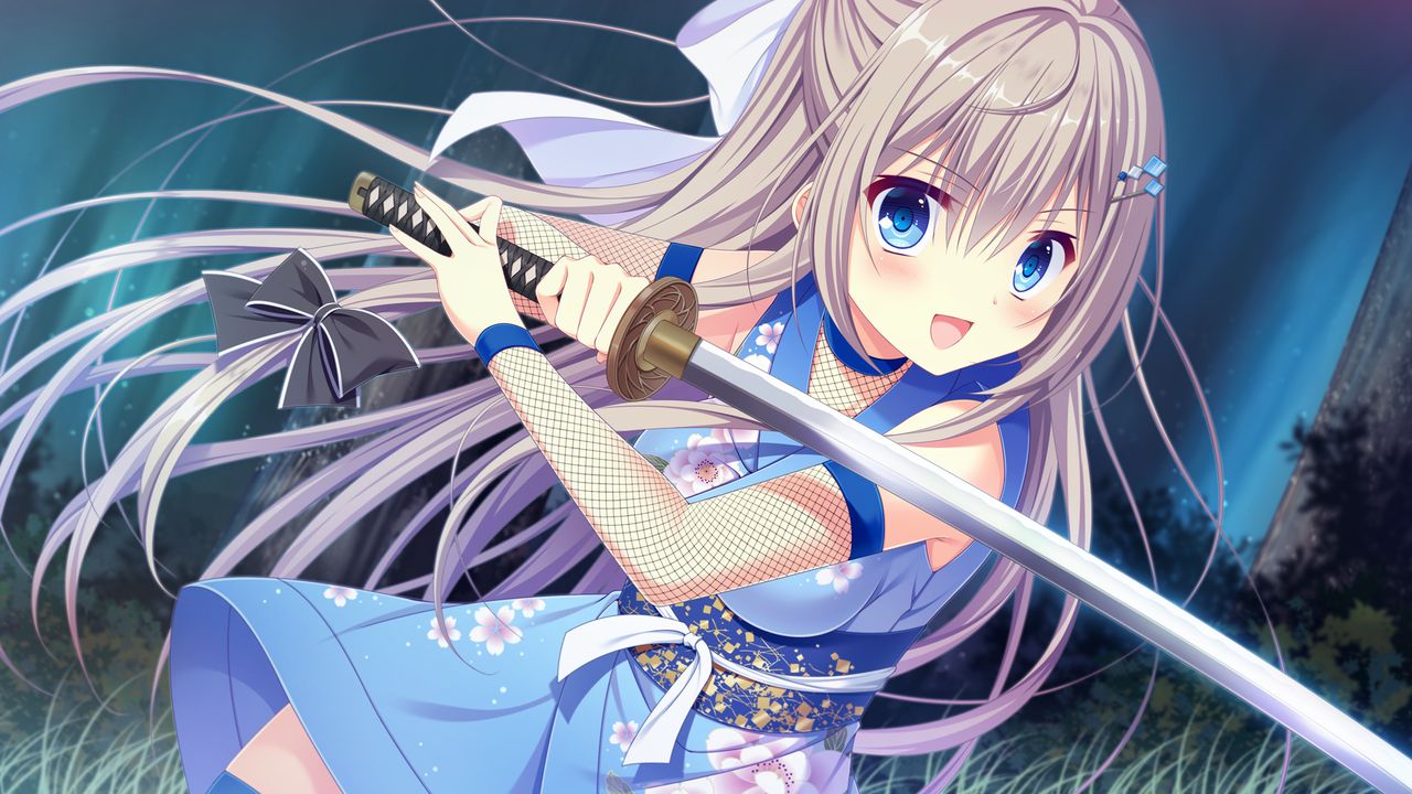 1girl, :d, bangs, black_bow, blue_eyes, blue_kimono, blush, bow