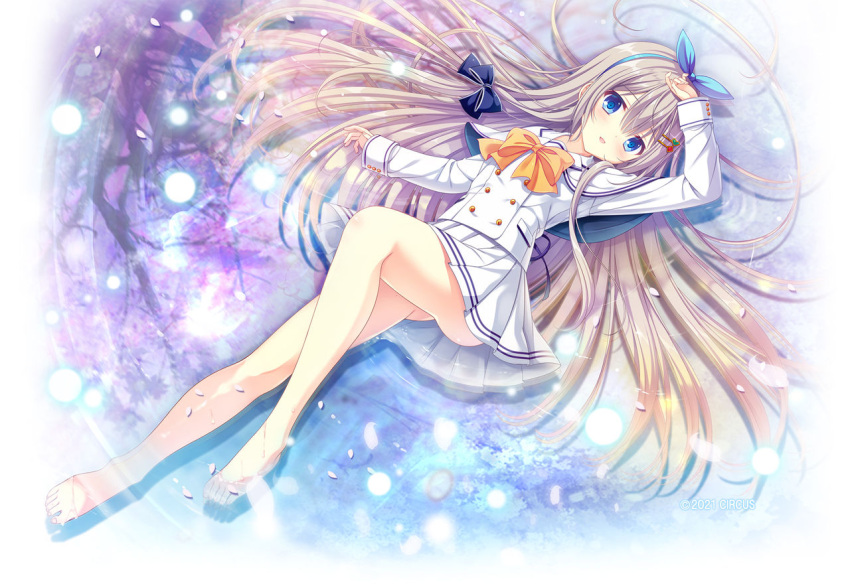 1girl, 2021, :d, bangs, bare_legs, barefoot, black_bow, blue_bow