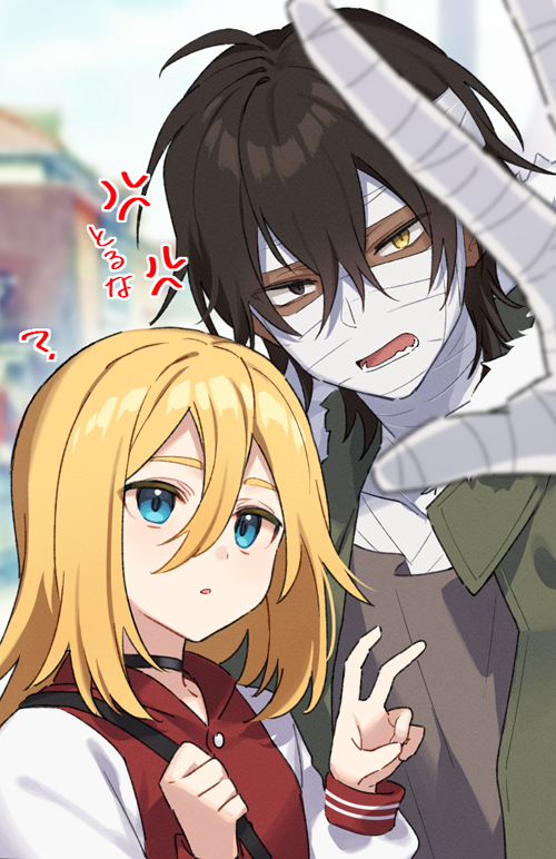 1boy, 1girl, ?, bandage_on_face, bandaged_hand, bandages, bangs, black_choker