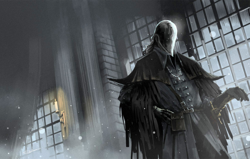 1boy, bell, belt, belt_pouch, black_cloak, bloodborne, bloody_crow_of_cainhurst, brick