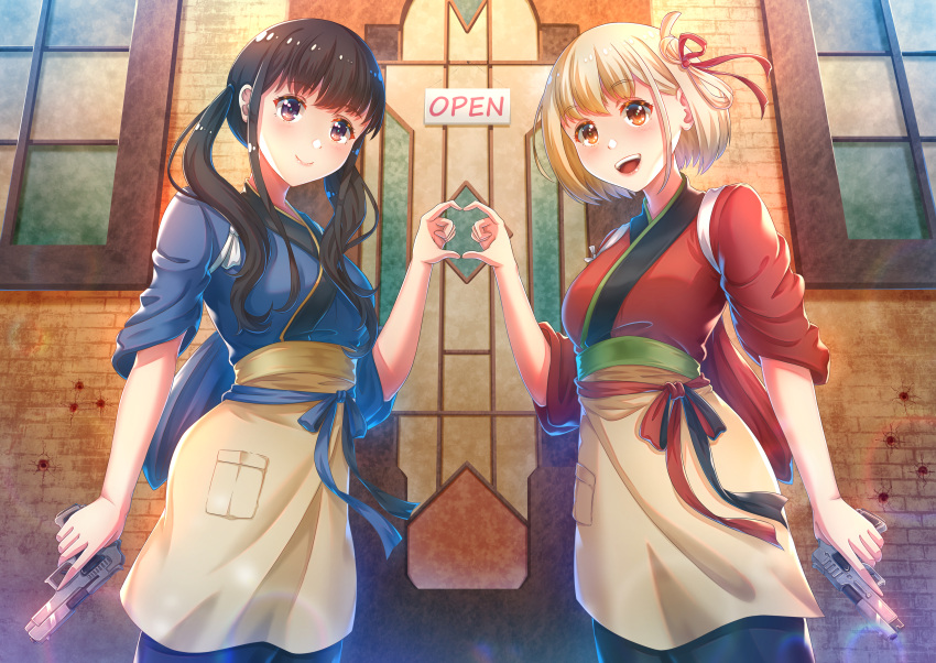 2girls, absurdres, apron, black_hair, blonde_hair, blue_kimono, breasts, cowboy_shot