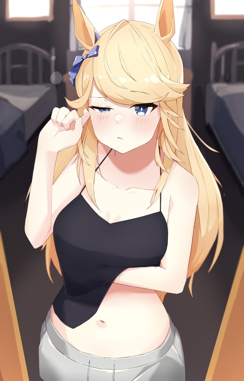 1girl, absurdres, bed, bedroom, black_camisole, blonde_hair, blue_eyes, bow