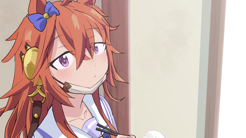 1girl, ahoge, animal_ears, bangs, bow, bowtie, chopsticks, collarbone