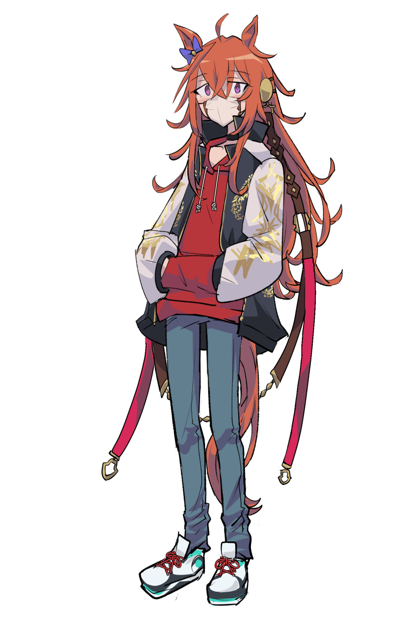 1girl, ahoge, animal_ears, bangs, black_jacket, bow, commentary_request, denim