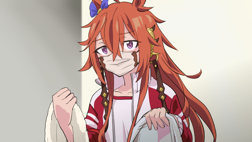 1girl, animal_ears, bangs, bow, collarbone, commentary_request, ear_bow, gym_shirt