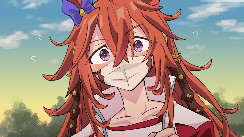 1girl, animal_ears, bangs, bow, collarbone, commentary_request, ear_bow, flying_sweatdrops