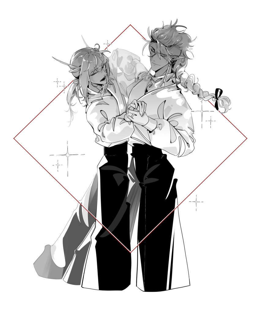 2boys, absurdres, bishounen, braid, braided_ponytail, caleb_(sky:_children_of_the_light), grey_hair, highres, long_sleeves, ludwig35963, male_focus, mimizuku_(sky:_children_of_the_light), multiple_boys, pointy_hair, ponytail, single_braid, sky:_children_of_the_light, white_hair