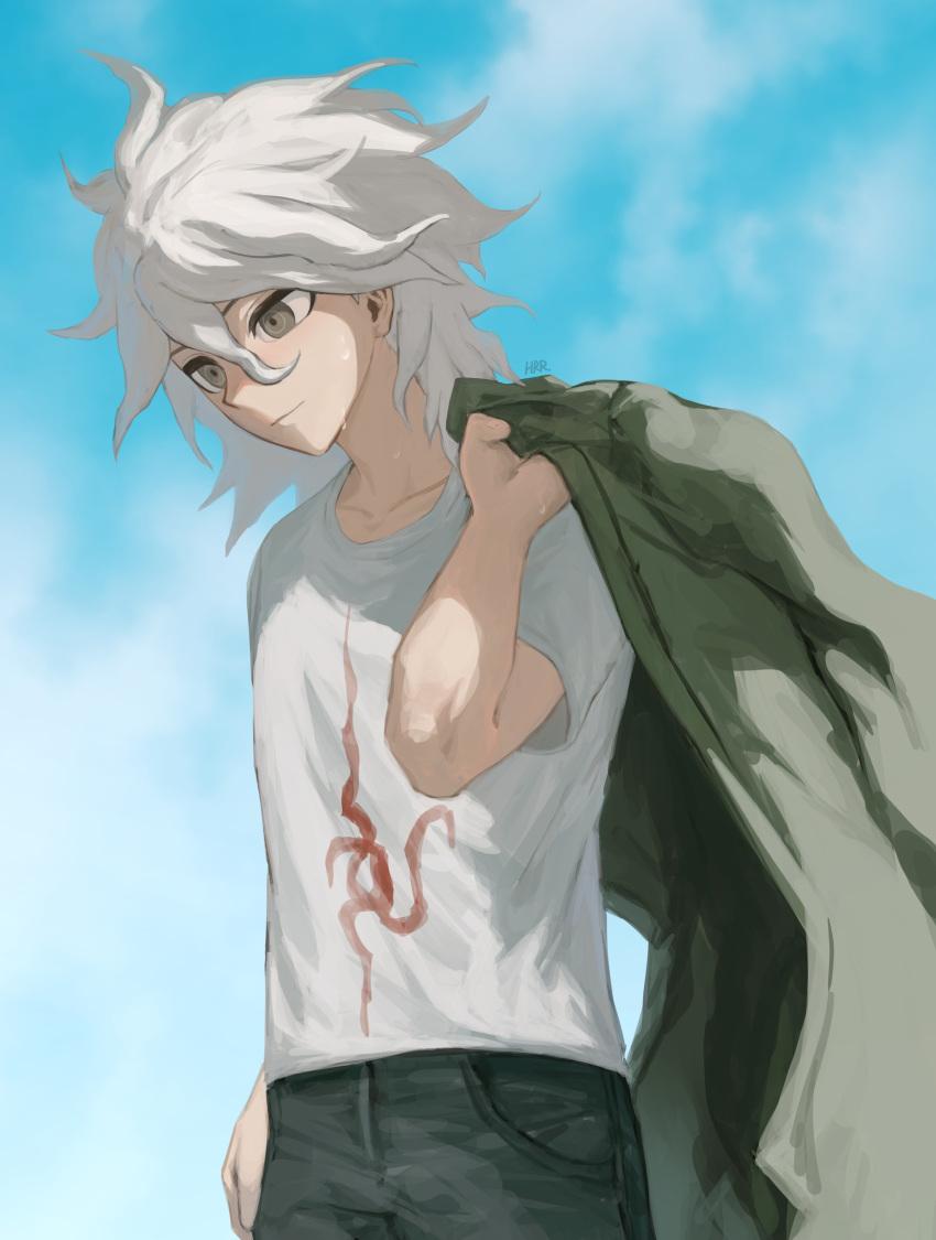 1boy, absurdres, bangs, black_pants, brown_eyes, collarbone, danganronpa_(series), danganronpa_2:_goodbye_despair