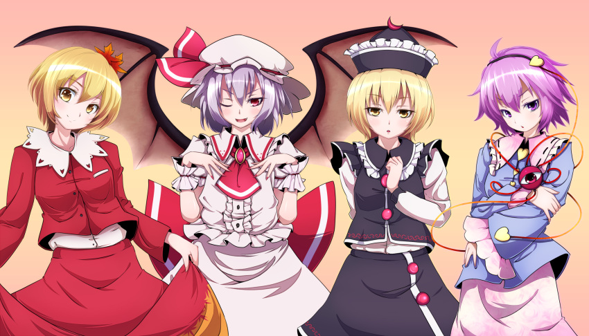 4girls, aki_shizuha, blonde_hair, hair_ornament, hairband, hat, highres, komeiji_satori, lavender_hair, lunasa_prismriver, multiple_girls, nikka, nikka_(cryptomeria), purple_eyes, purple_hair, red_eyes, remilia_scarlet, short_hair, touhou, wink, yellow_eyes