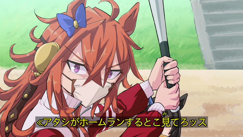 2girls, animal_ears, bangs, baseball_bat, baseball_mitt, bow, commentary_request, deep_impact_(umamusume)