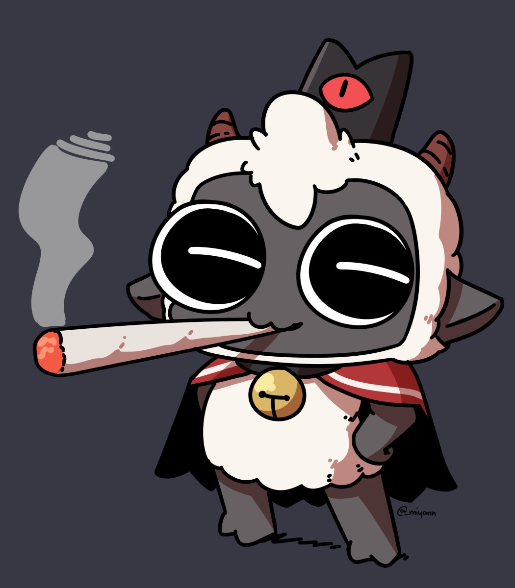 :3, bangs, bell, black_eyes, black_skin, cape, colored_skin, cult_of_the_lamb