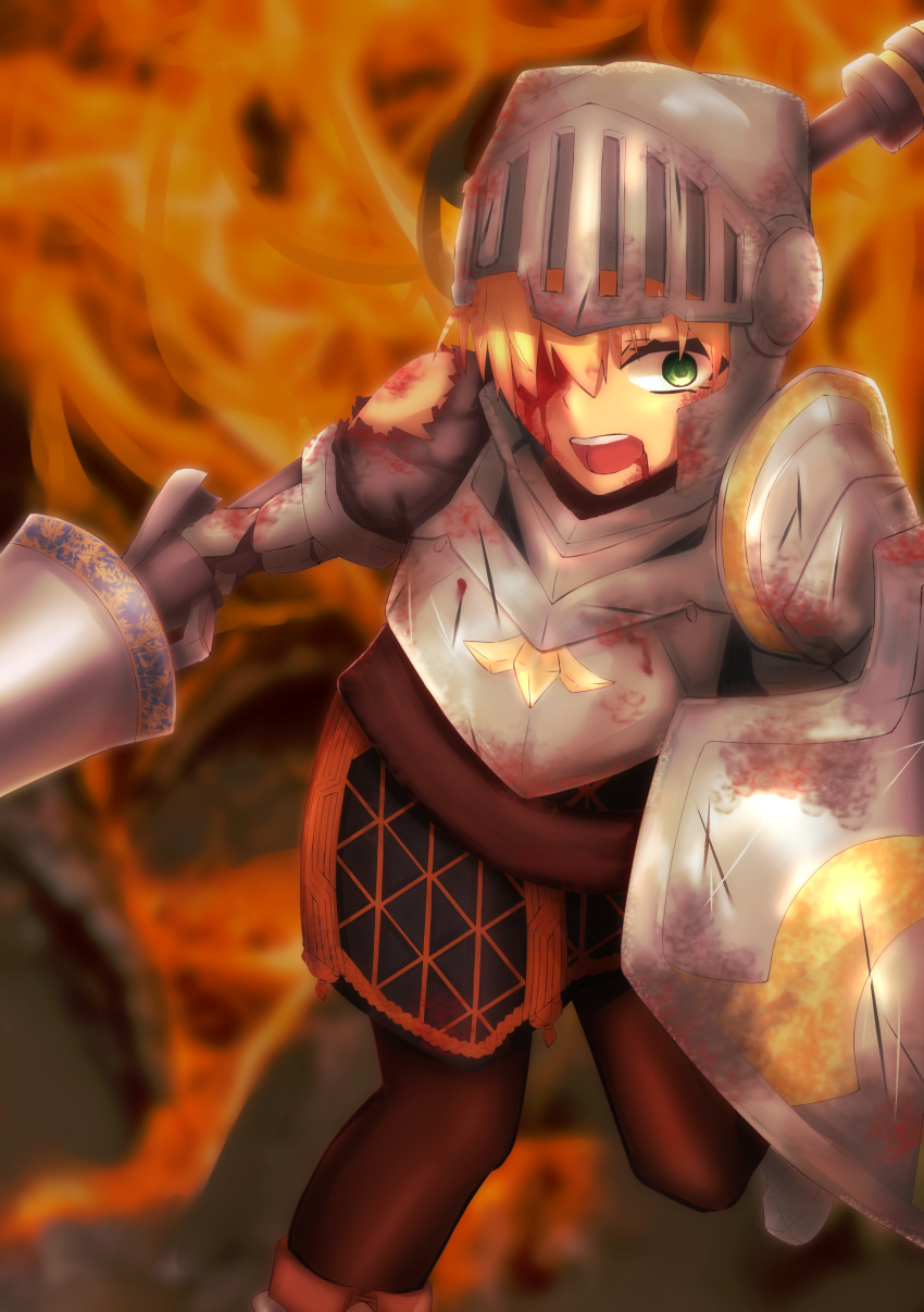 1girl, absurdres, armor, armored_dress, blonde_hair, blood, blood_from_mouth, blood_on_eyewear