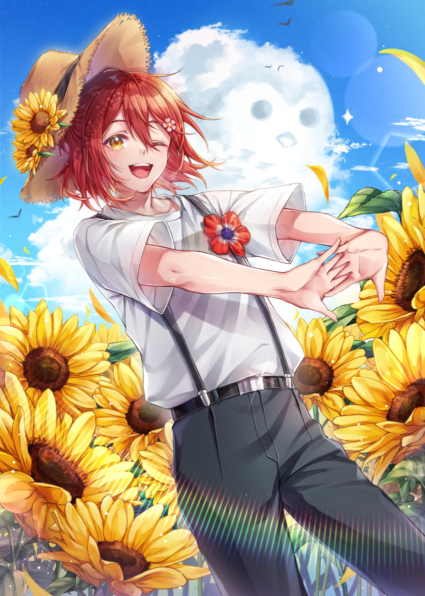 1boy, :d, absurdres, anemone_(flower), bangs, belt, belt_buckle, bird, black_belt, black_pants, blush, brown_headwear, buckle, clouds, cloudy_sky, contrapposto, cowboy_shot, day, diffraction_spikes, falling_petals, floating_hair, flower, glint, hair_between_eyes, hair_flower, hair_ornament, hairclip, hanasaki_miyabi, hat, hat_flower, hat_loss, highres, holostars, leaf, lens_flare, light_particles, looking_at_viewer, male_focus, one_eye_closed, opal_(opalkuji), open_mouth, outdoors, pants, peach_blossom, petals, pink_flower, red_flower, redhead, shirt, shirt_tucked_in, short_hair, short_sleeves, sidelocks, sky, smile, solo, sparkle, standing, straw_hat, sun_hat, sunflower, suspenders, t-shirt, teeth, tongue, virtual_youtuber, white_shirt, yellow_eyes, yellow_flower
